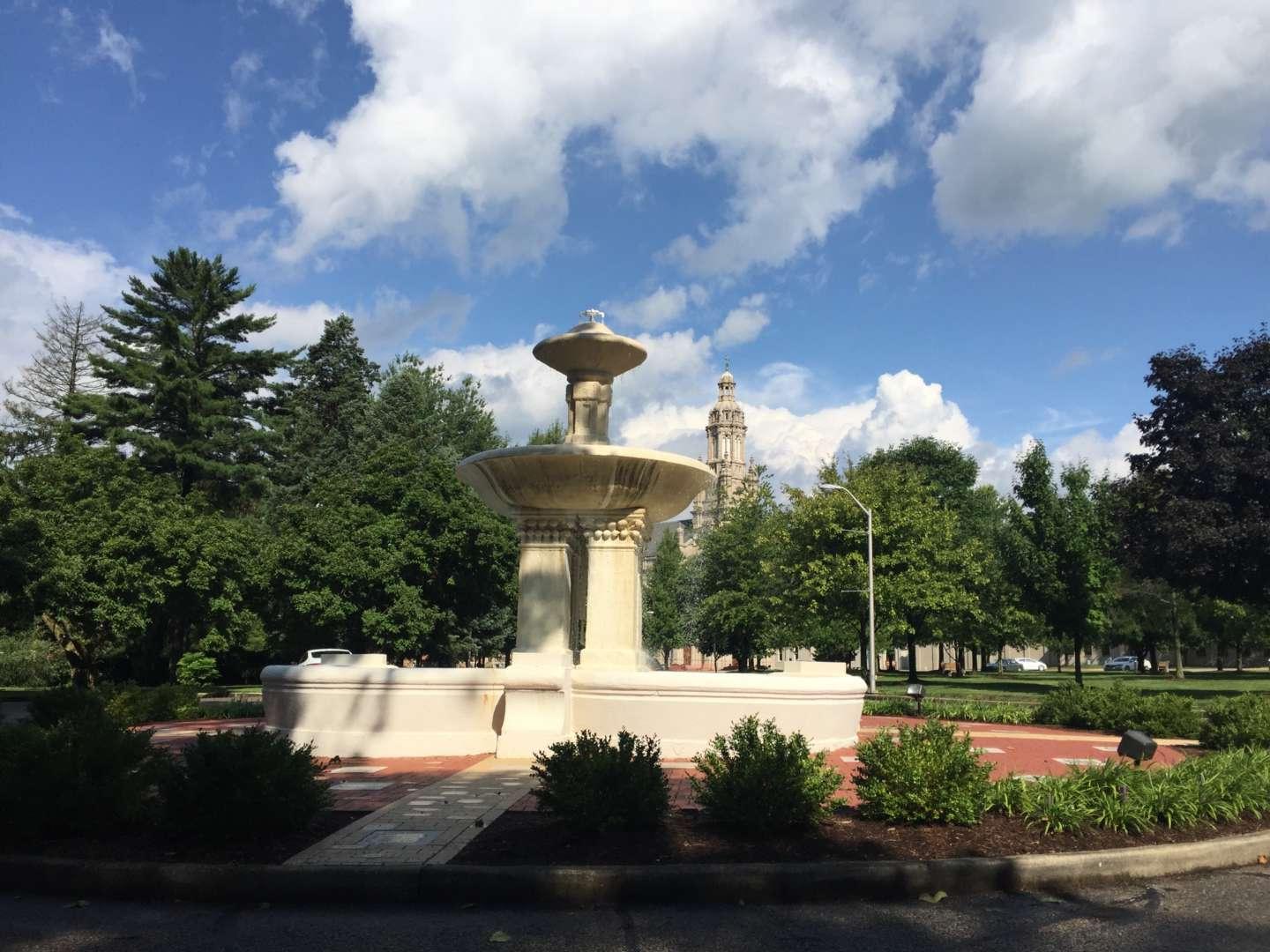 View of The Fountain with the church steeple visible in the background